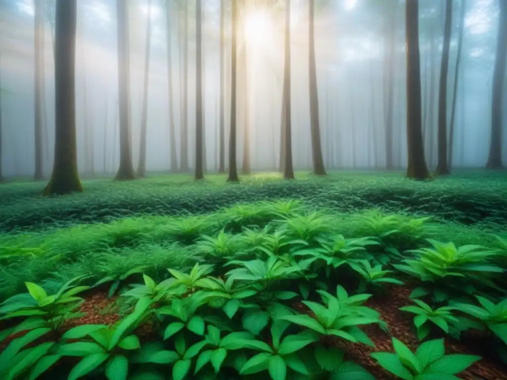 Un bosque exuberante iluminado por el sol, reflejando la armonía de la naturaleza y la economía circular estilo de vida