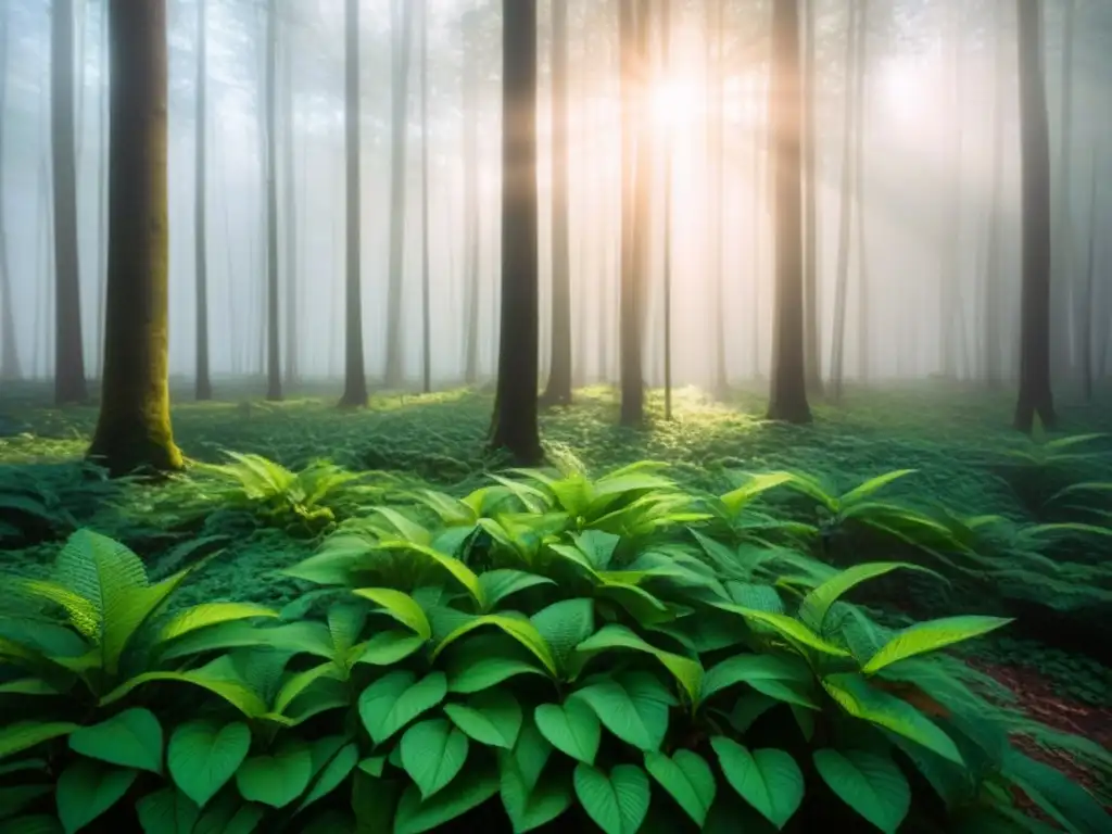 Un bosque exuberante iluminado por el sol, proyectando sombras en el suelo