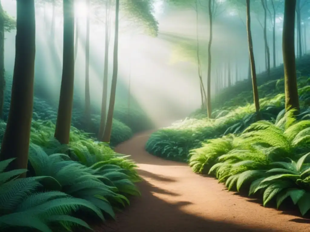 Un bosque exuberante iluminado por el sol, con un sendero serpenteante rodeado de vida vibrante