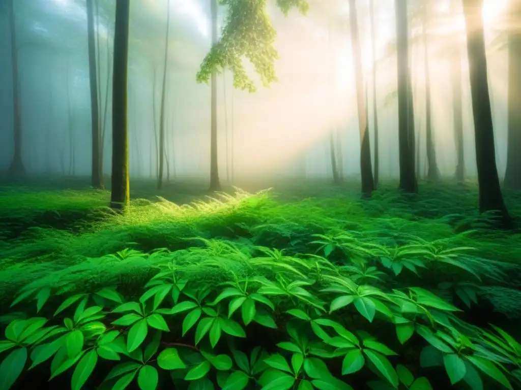 Un bosque exuberante iluminado por el sol, muestra la red de hojas y ramas