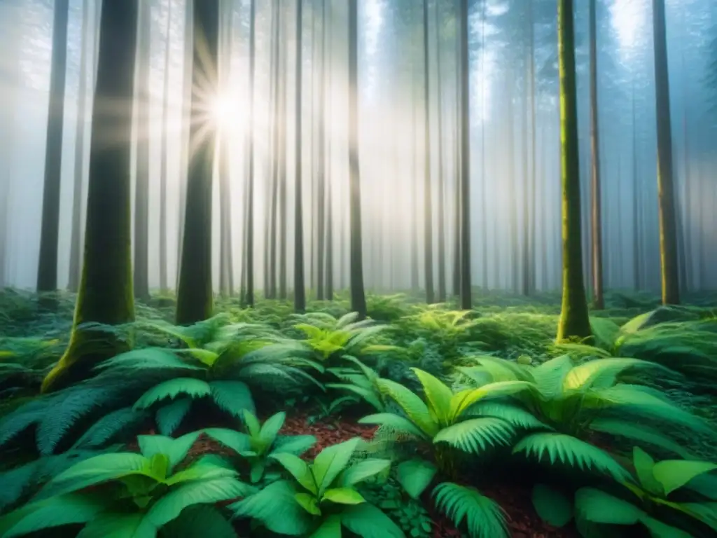 Un bosque exuberante iluminado por el sol, resaltando la importancia de la concienciación cambio climático productos ecológicos