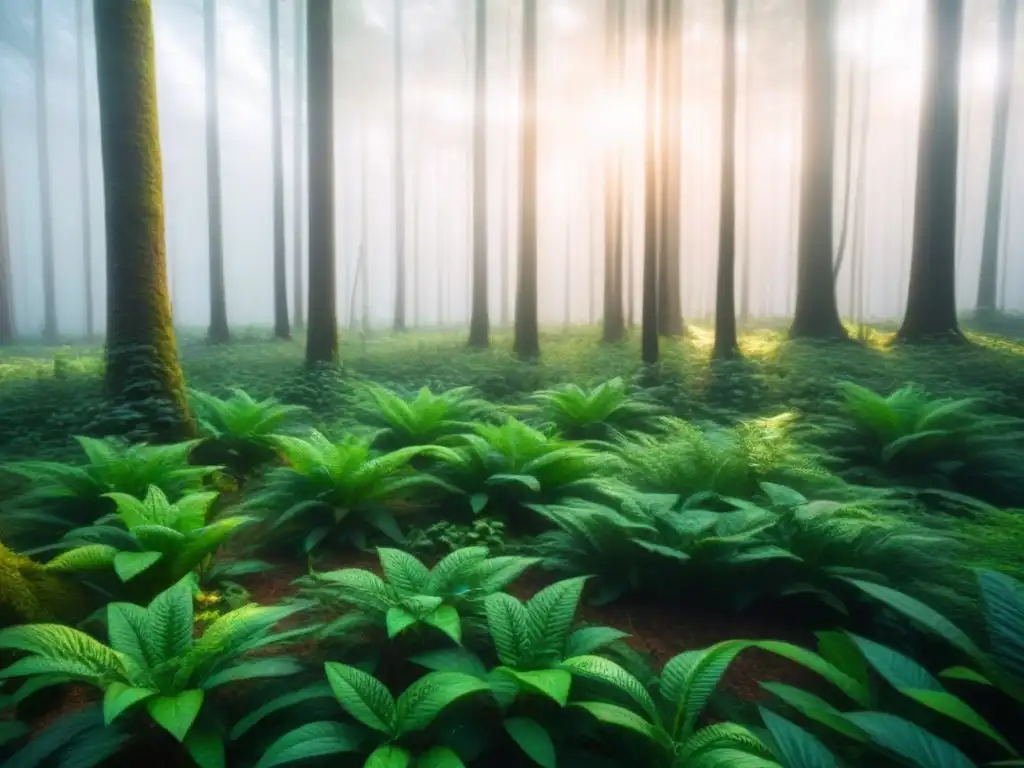 Un bosque exuberante iluminado por el sol, donde conviven plantas y flores en armonía