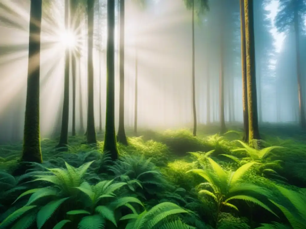 Un bosque exuberante iluminado por el sol, representando la belleza de la naturaleza que los beneficios bonos verdes sostenibles buscan proteger