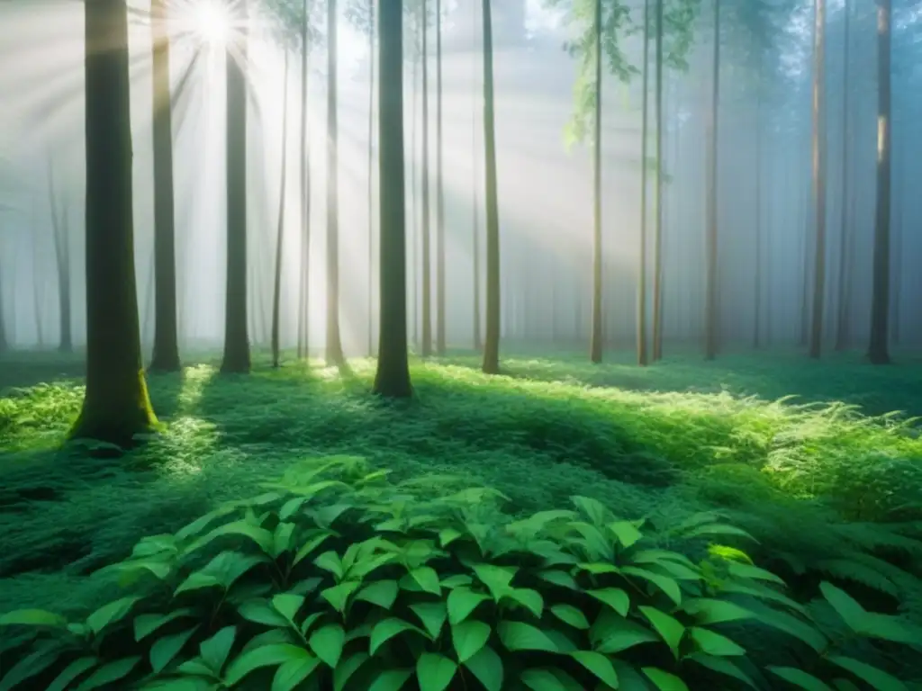 Un bosque exuberante iluminado por el sol, reflejando la tranquilidad de invertir en la naturaleza