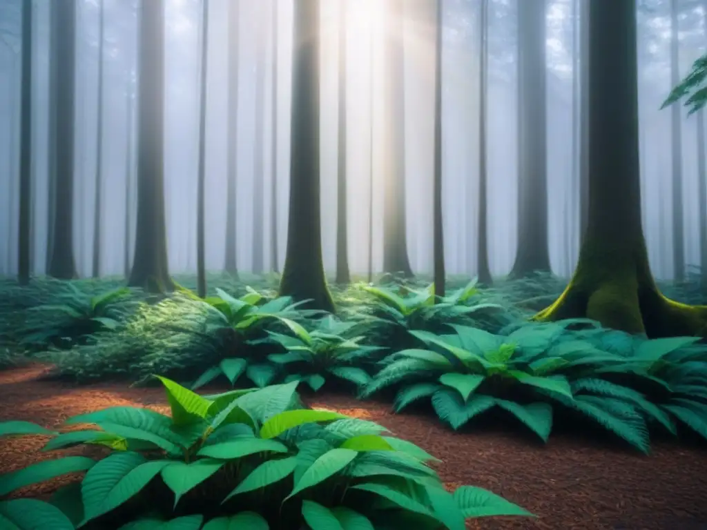 Un bosque exuberante iluminado por el sol, reflejando la sostenibilidad y la interconexión de ecosistemas