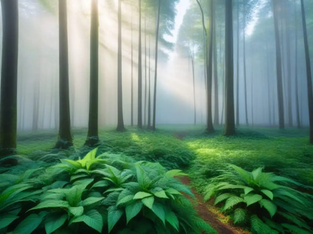 Un bosque exuberante iluminado por el sol, proyectando sombras en el suelo