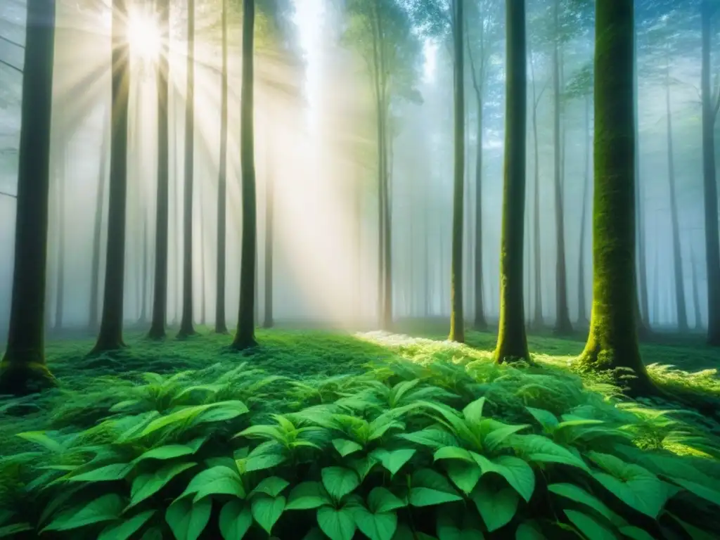 Un bosque exuberante iluminado por el sol, destacando tonos verdes vibrantes y patrones de ramas