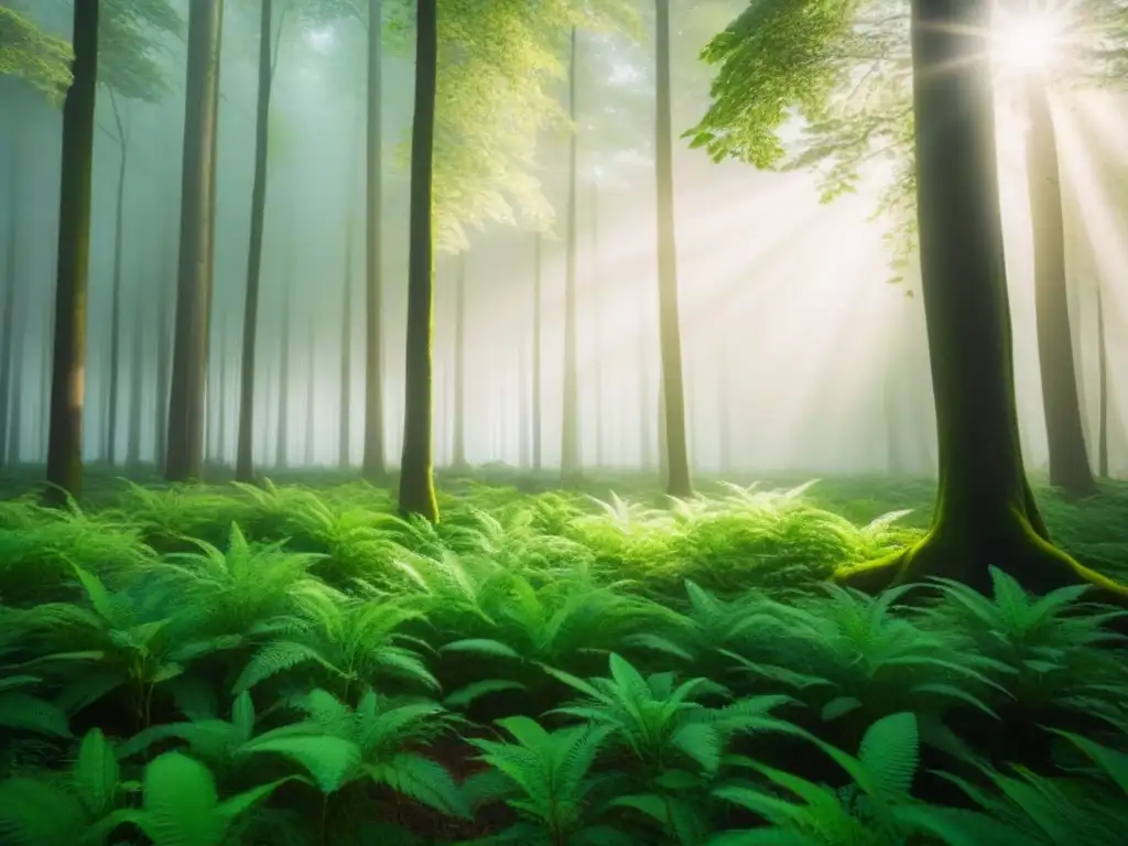 Un bosque exuberante iluminado por el sol, representa la tranquilidad de la naturaleza y los beneficios del mercado bonos verdes sostenibles