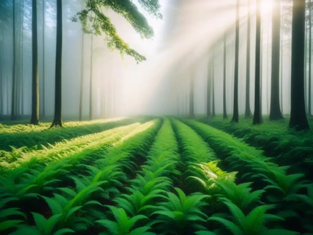 Un bosque exuberante iluminado por el sol, resaltando los beneficios ambientales del mercado de bonos verdes sostenibles