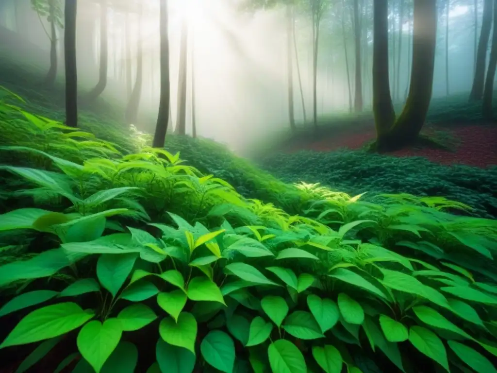 Un bosque exuberante iluminado por el sol, resaltando la naturaleza vibrante y la armonía