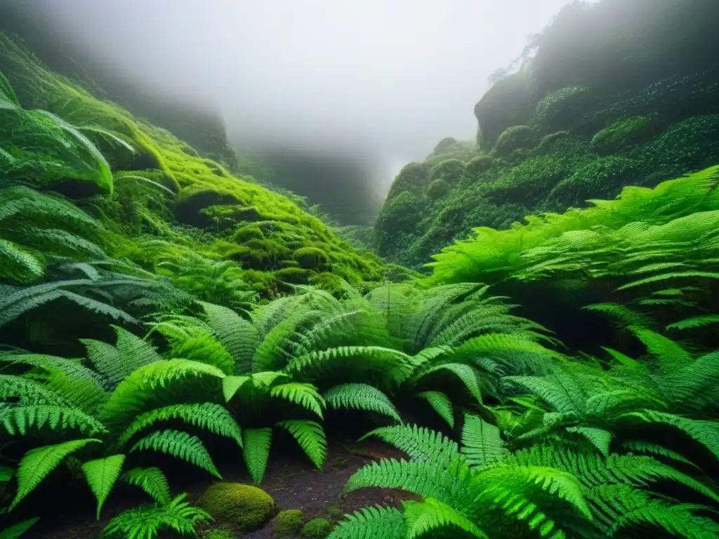 Un bosque exuberante iluminado por el sol, resalta helechos vibrantes y rocas cubiertas de musgo