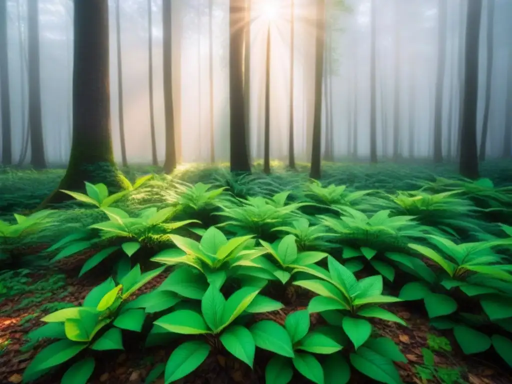 Un bosque exuberante iluminado por el sol, con sombras suaves en el suelo