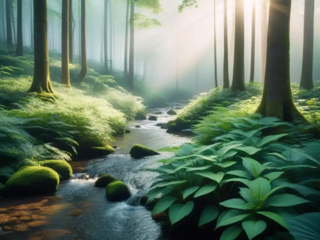 Un bosque exuberante iluminado por el sol, con árboles altos y un arroyo serpenteante