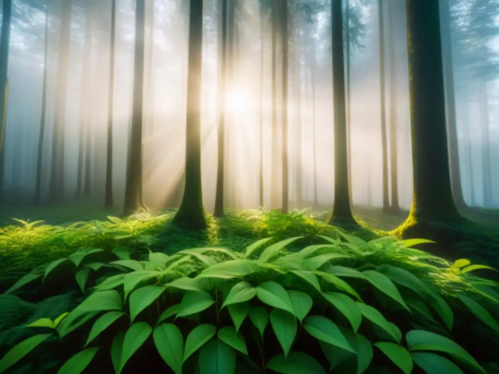 Un bosque exuberante iluminado por el sol, resaltando los beneficios bioplásticos sostenibles