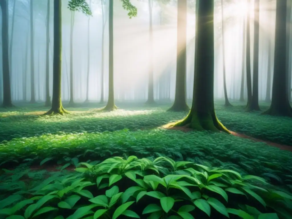 Un bosque exuberante iluminado por el sol, proyectando sombras en el suelo