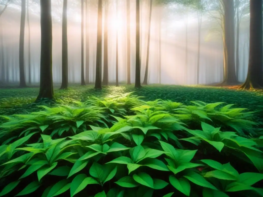 Un bosque exuberante iluminado por el sol, con sombras suaves en el suelo