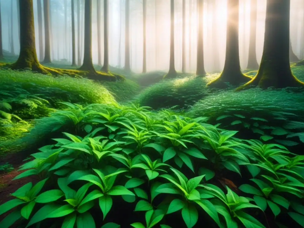 Un bosque exuberante iluminado por el sol, con patrones de luz entre las hojas