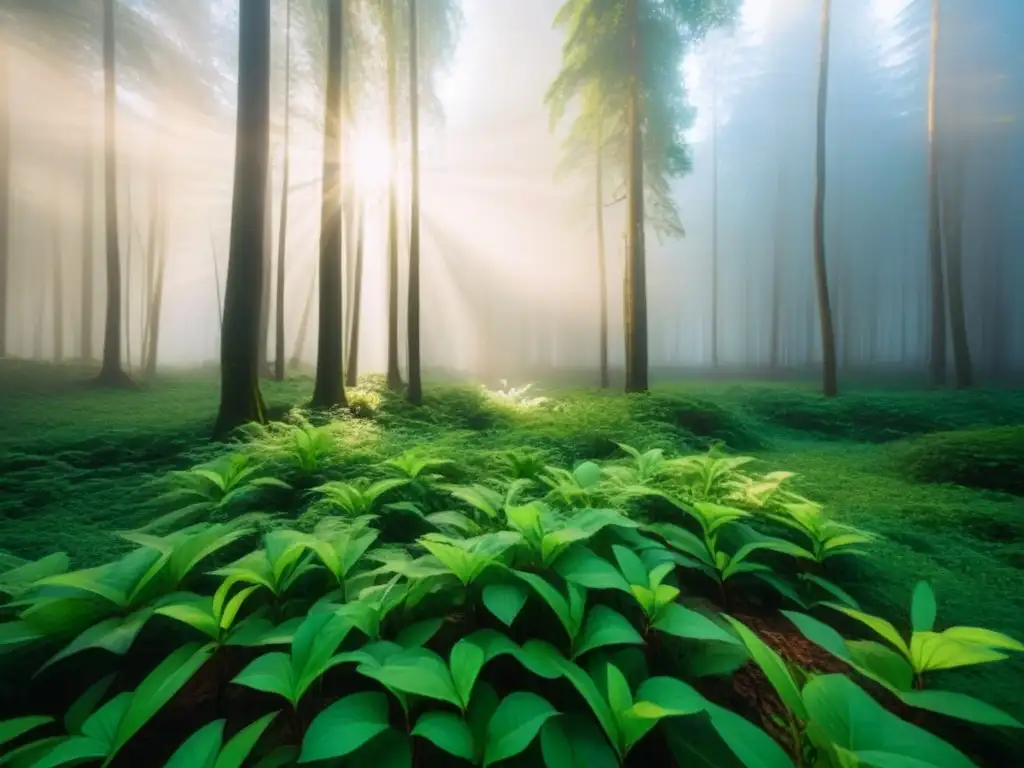 Un bosque exuberante iluminado por el sol, transmitiendo calma y sostenibilidad