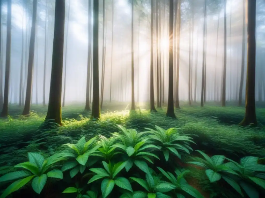 Un bosque exuberante iluminado por el sol, proyectando sombras en el suelo