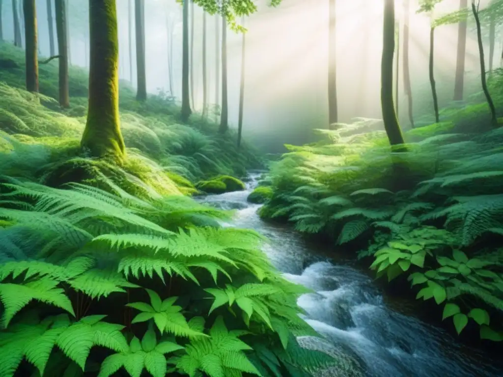 Un bosque exuberante iluminado por el sol, con una diversidad de árboles y plantas