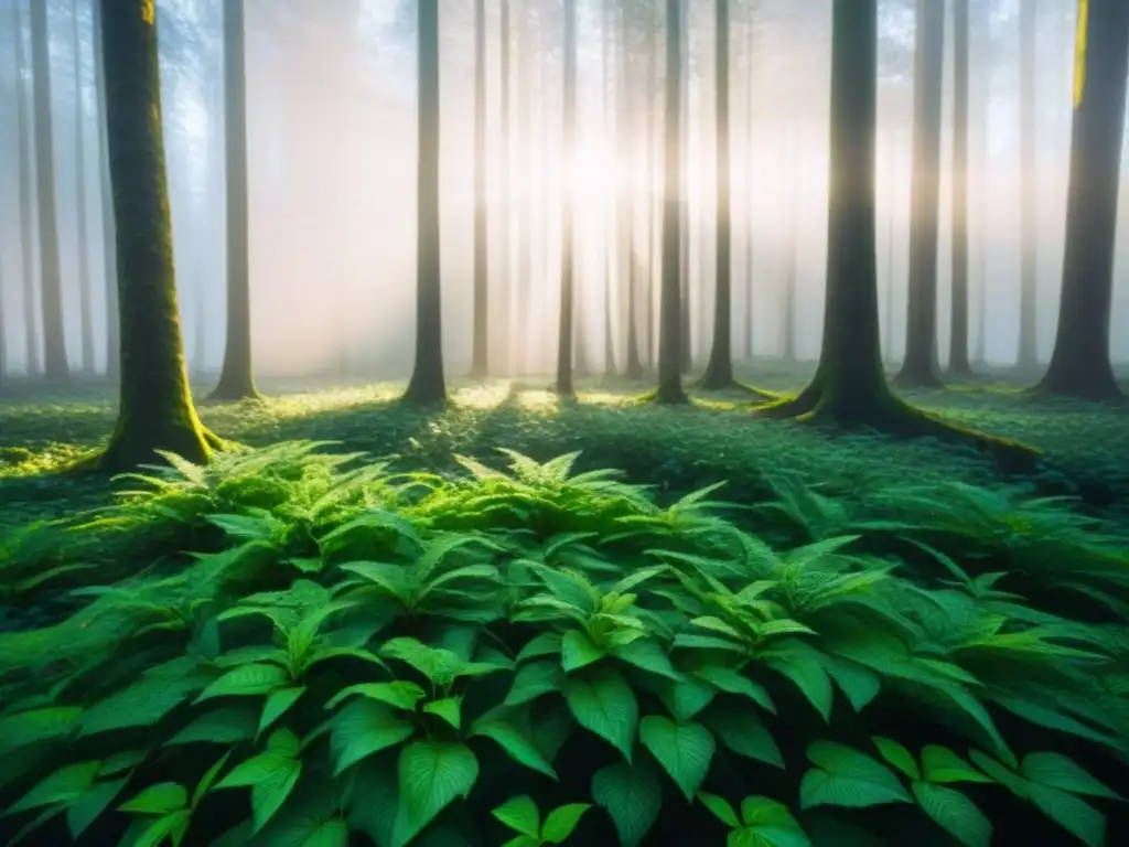 Un bosque exuberante iluminado por el sol, con sombras y detalles naturales, evocando una profunda conexión con el entorno