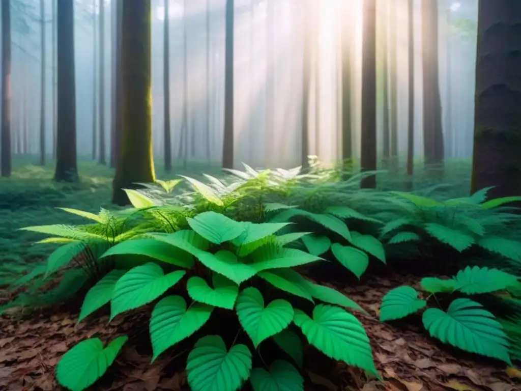 Un bosque exuberante iluminado por el sol, transmitiendo serenidad y belleza natural