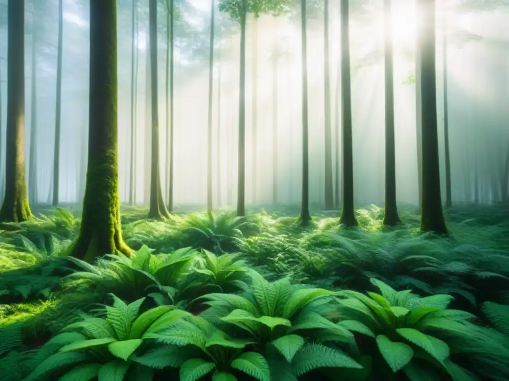 Un bosque exuberante ilustrado en detalle, con luz filtrándose entre el dosel creando patrones de luz y sombra en el suelo