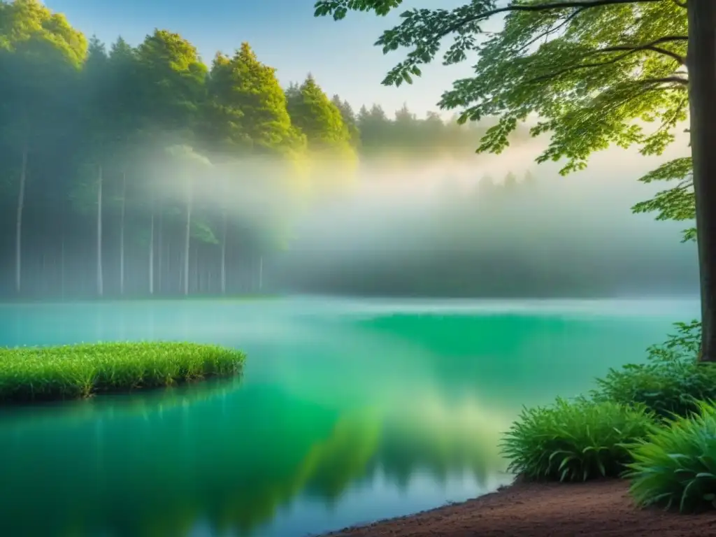 Un bosque exuberante con un lago sereno reflejando los colores vibrantes de los árboles