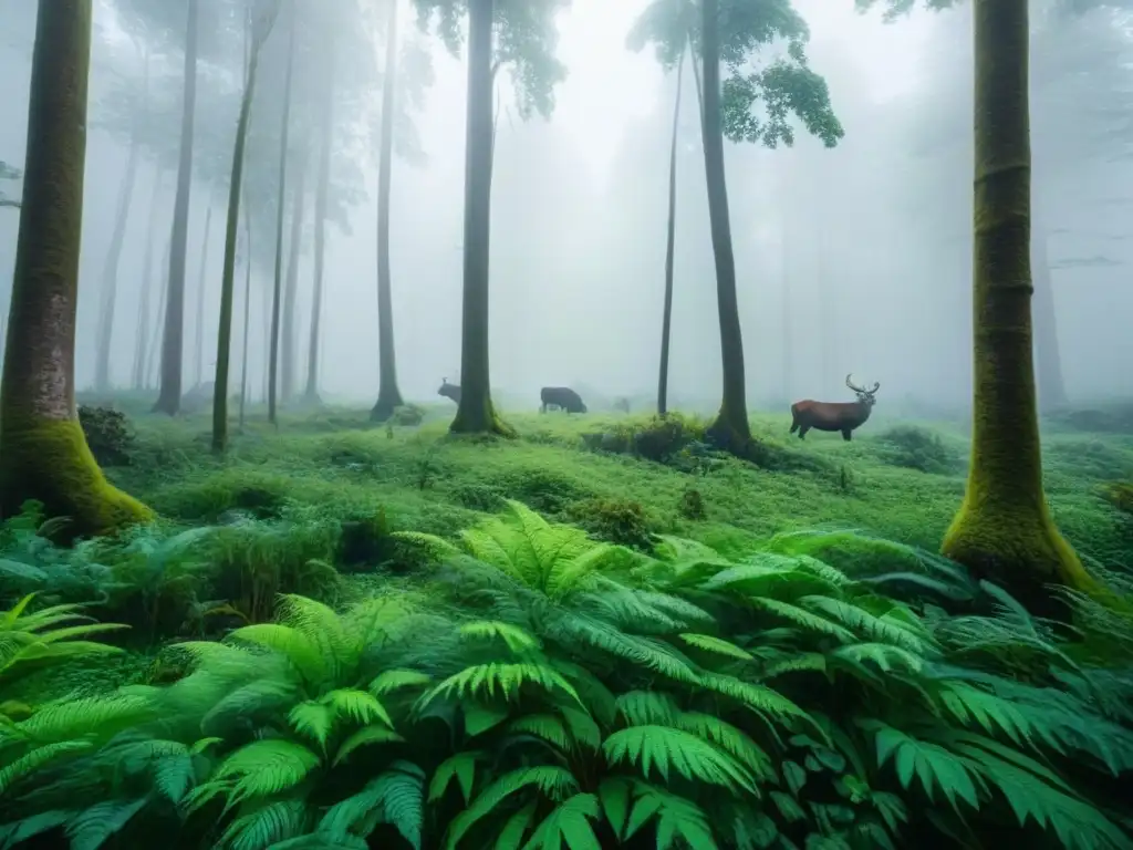 Un bosque exuberante lleno de vida silvestre, ilustrando un ecosistema en equilibrio