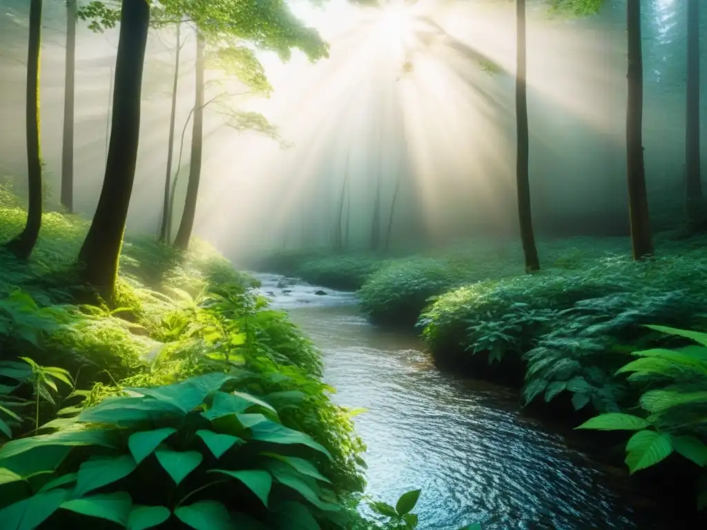 Un bosque exuberante lleno de vida salvaje rodeado de árboles altos y un arroyo brillante, iluminado por el sol