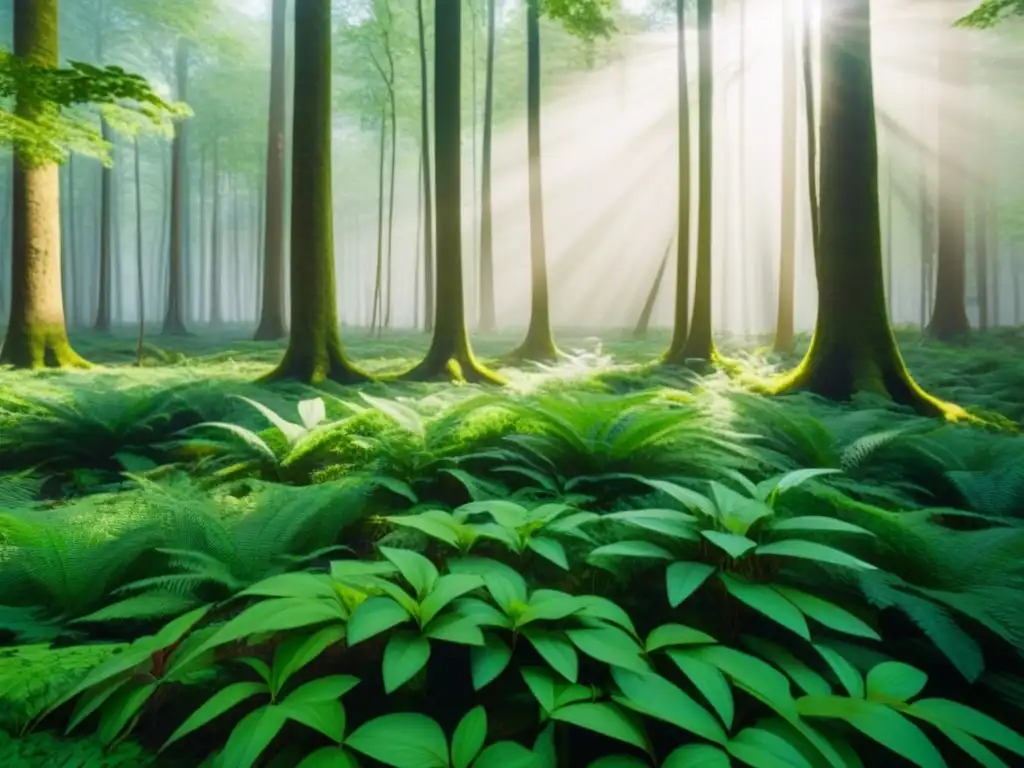 Un bosque exuberante con luz filtrándose entre los árboles, creando sombras intrincadas en el suelo