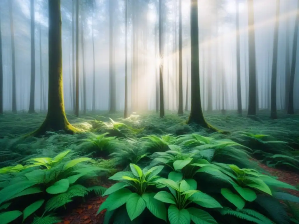 Un bosque exuberante con luz filtrándose entre los árboles, reflejando la belleza y tranquilidad de la naturaleza