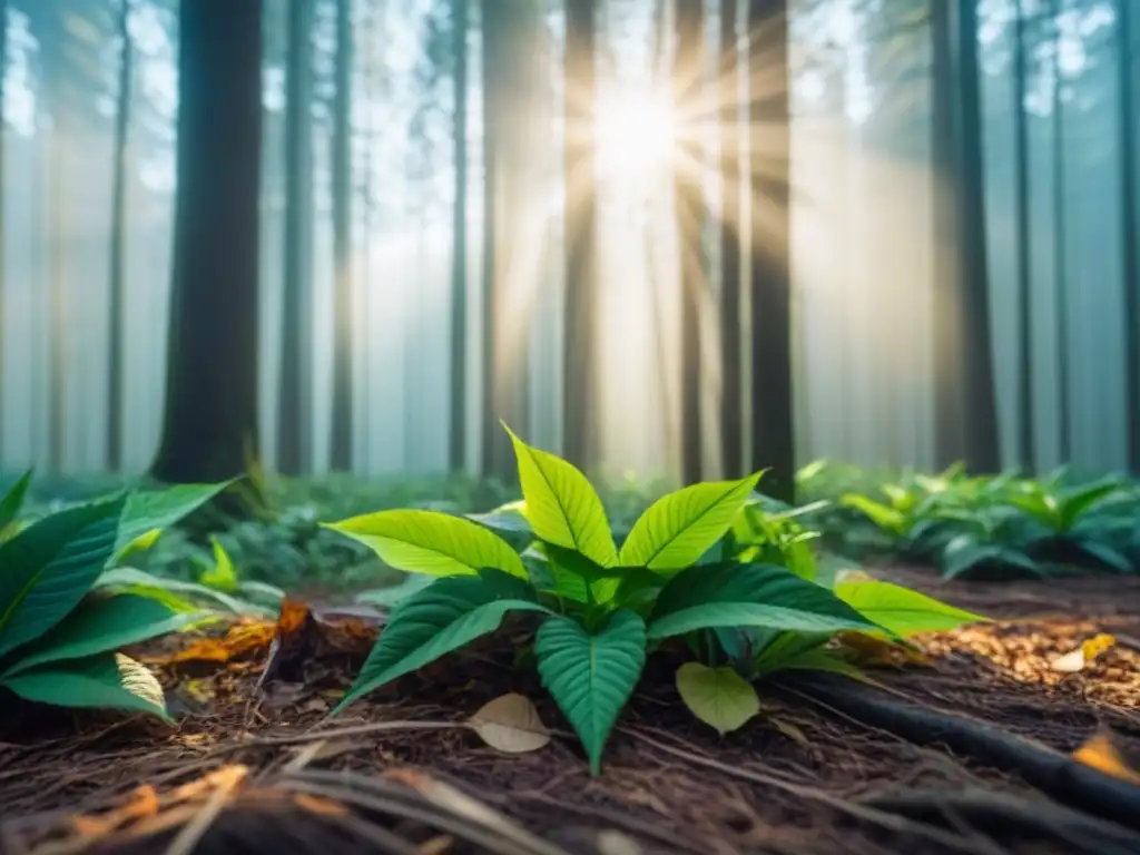 Un bosque exuberante con luz filtrándose entre los árboles, destacando la importancia de proteger hábitats críticos con residuos sostenibles