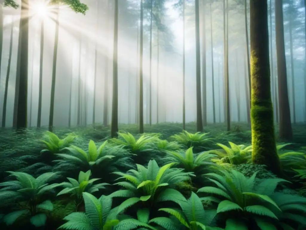 Un bosque exuberante con luz filtrándose, resaltando la belleza y serenidad de la naturaleza