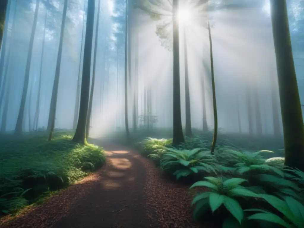 Un bosque exuberante con luz filtrándose entre el dosel, creando sombras en el suelo