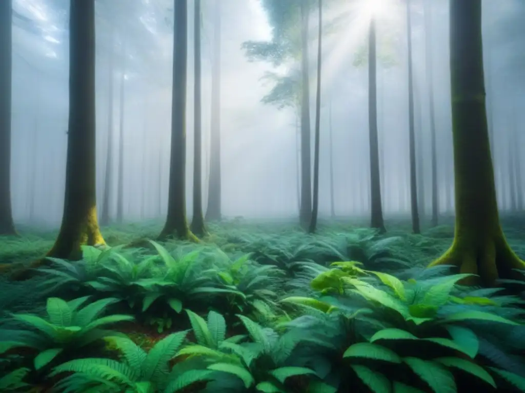 Un bosque exuberante con luz filtrándose entre el dosel, reflejando la biodiversidad en armonía