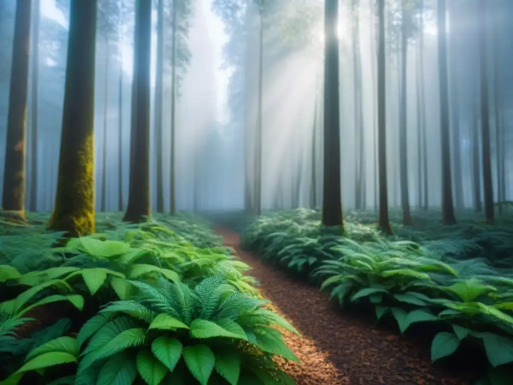 Un bosque exuberante con luz filtrándose entre el dosel, creando patrones de luz y sombra en el suelo del bosque