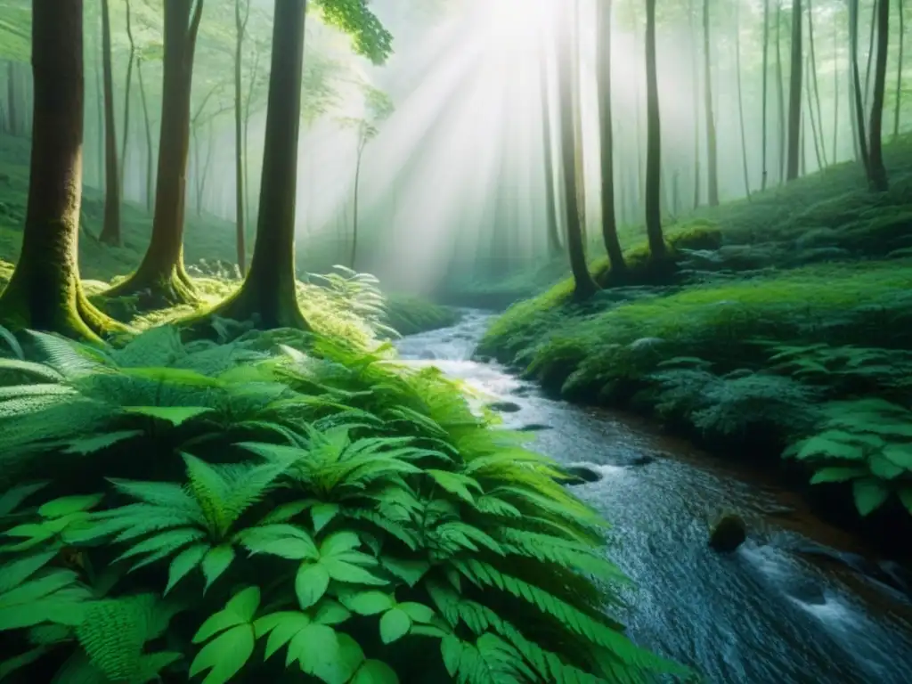 Un bosque exuberante con luz filtrada entre el dosel, creando juegos de luz y sombra en el suelo