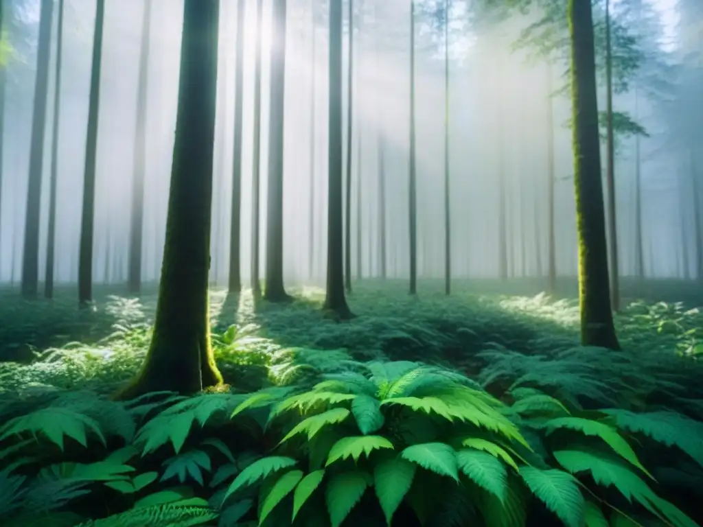 Bosque exuberante con luz filtrada entre hojas vibrantes