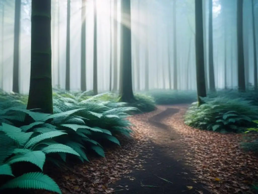 Un bosque exuberante con luz filtrada entre las hojas, transmitiendo calma y sostenibilidad