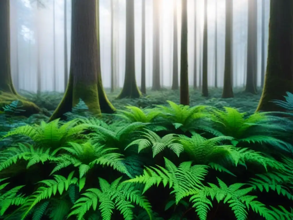 Un bosque exuberante con luz filtrada entre el dosel, creando patrones de luz y sombra