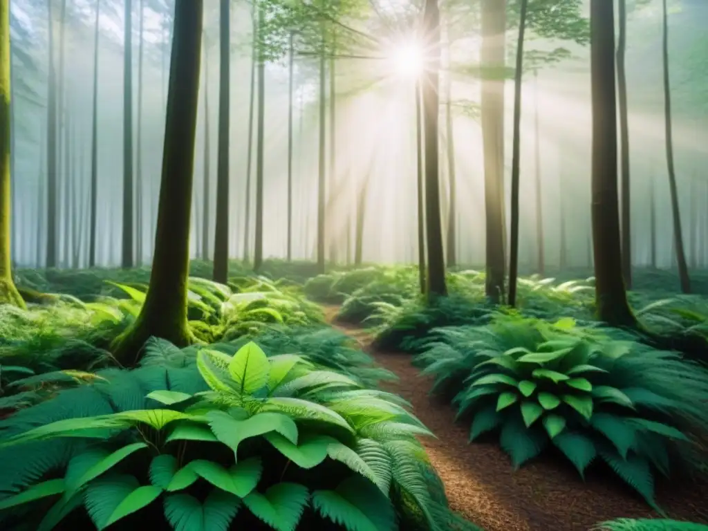 Un bosque exuberante con luz filtrada entre el dosel, creando sombras moteadas en el suelo