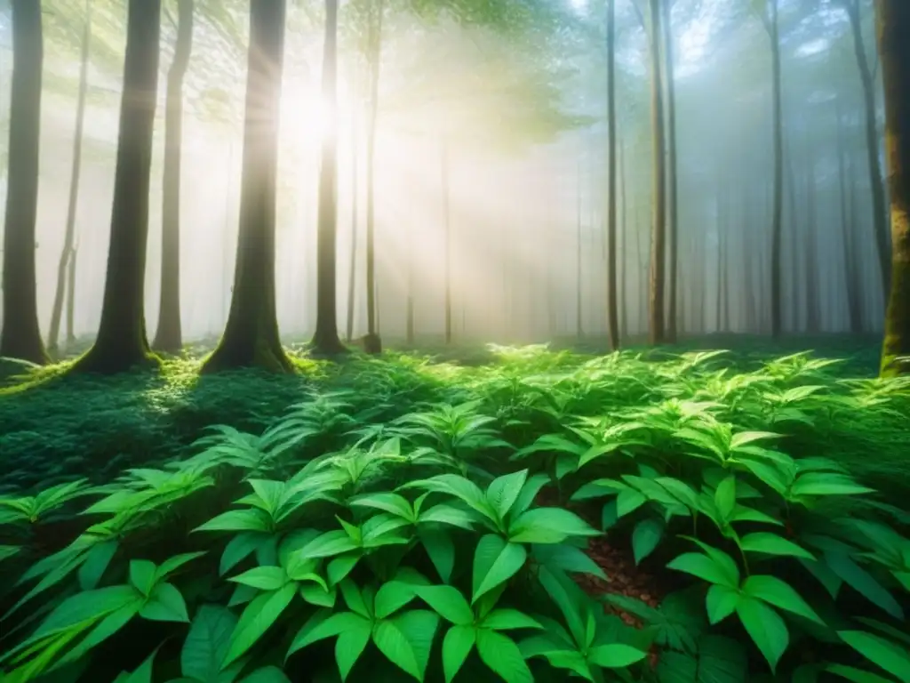 Un bosque exuberante con luz filtrada entre las hojas, transmite la serenidad de la naturaleza