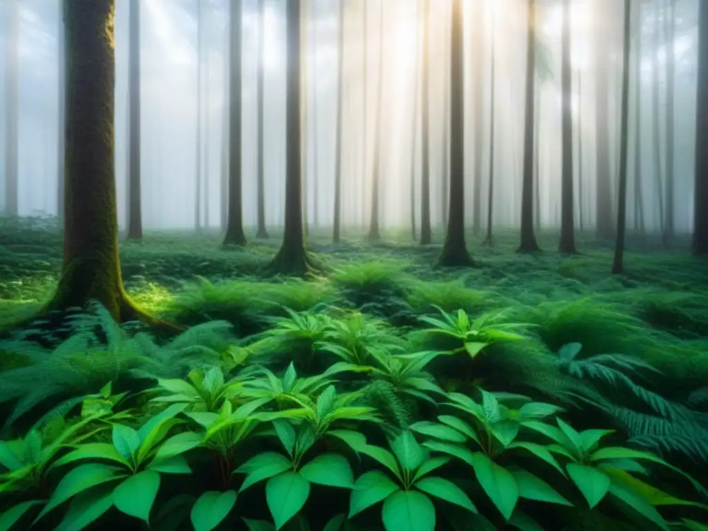 Un bosque exuberante con luz filtrada entre ramas y hojas, creando patrones de luz y sombra