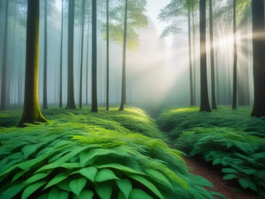 Un bosque exuberante con luz filtrada entre las hojas, creando un ambiente tranquilo