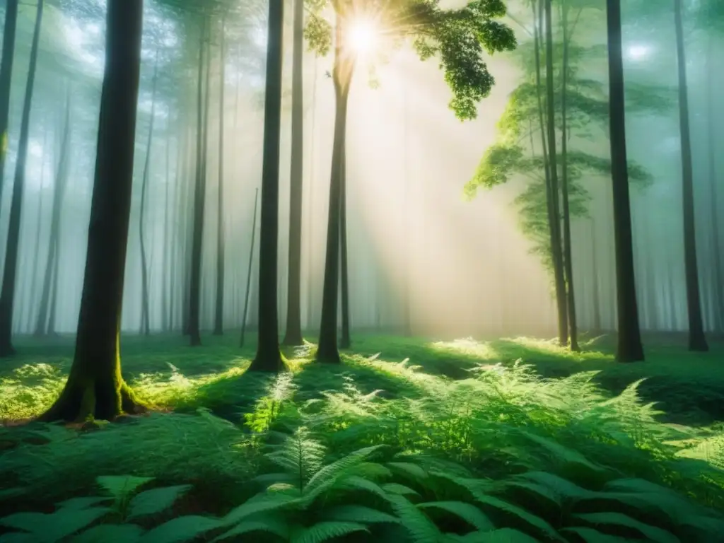 Un bosque exuberante con luz filtrada entre las hojas, proyectando sombras