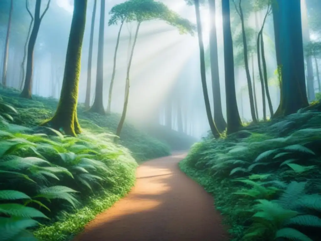 Un bosque exuberante con luz filtrada entre los árboles, sendero serpenteante