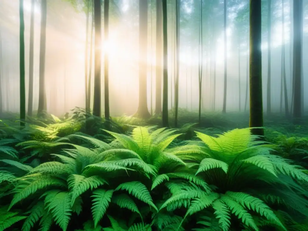 Un bosque exuberante con luz filtrada entre las copas, creando patrones de luz y sombra en el suelo