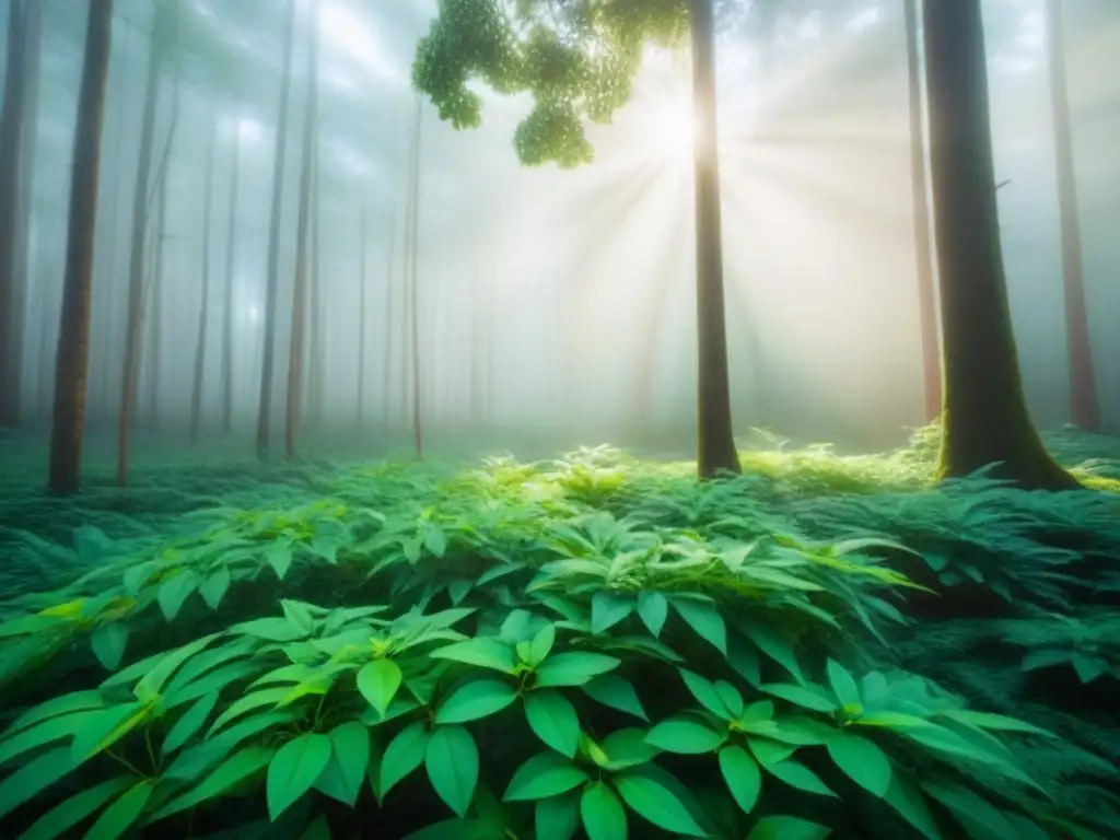 Un bosque exuberante con luz filtrada, destacando hojas vibrantes