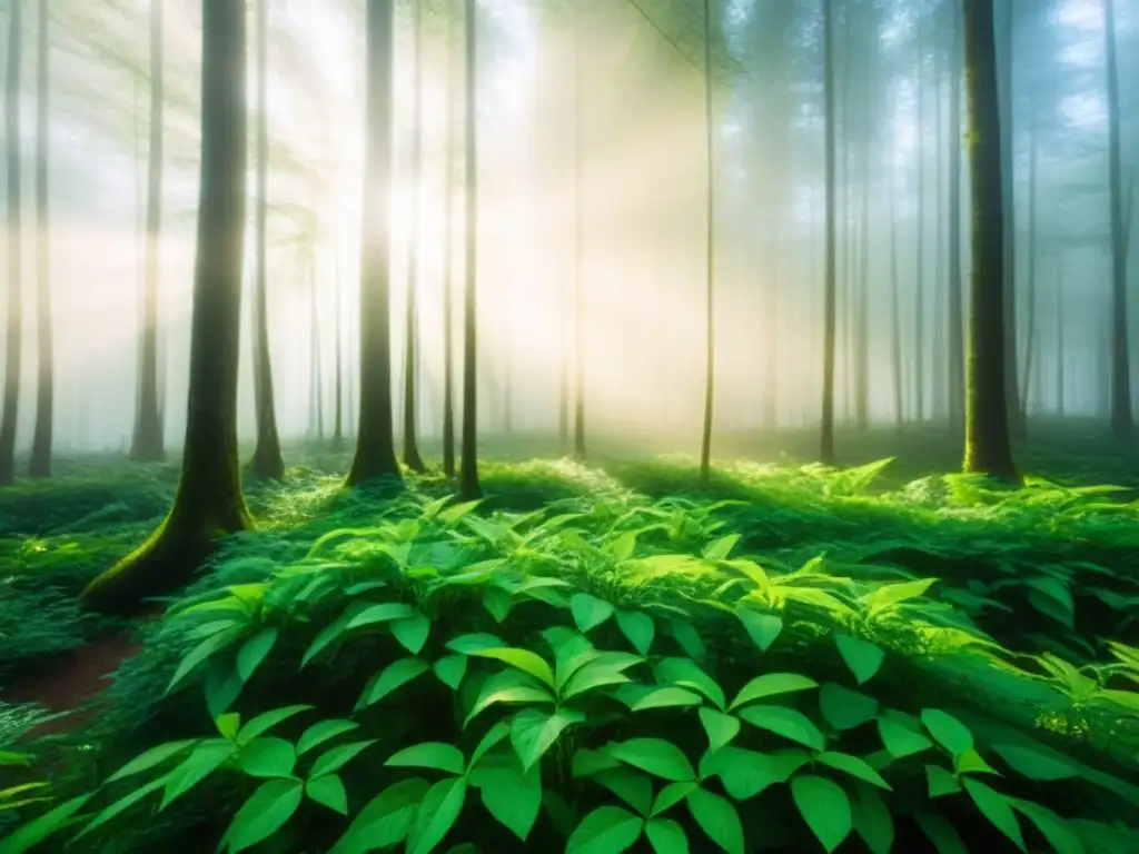 Un bosque exuberante con luz filtrada entre ramas y hojas, capturando la belleza serena de la naturaleza